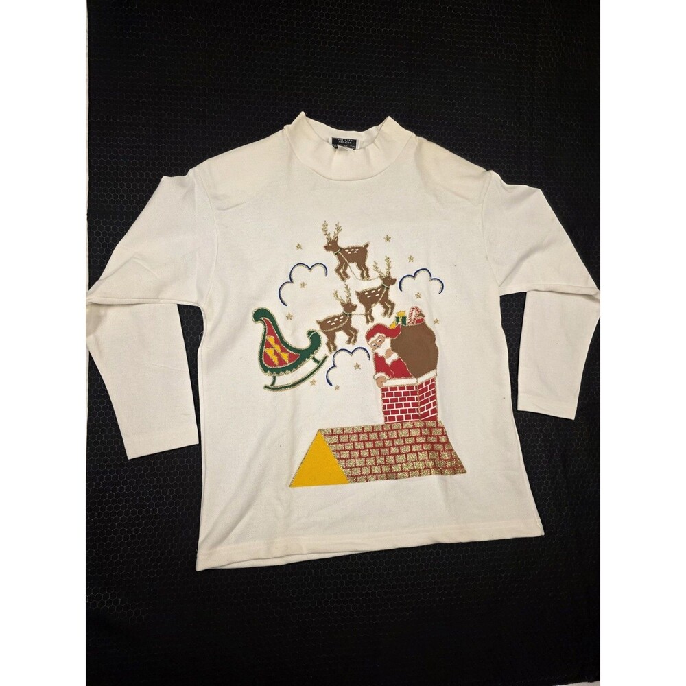 Sweater Loft White Knit Pullover Sweater Santa Claus Reindeer Women's Large
